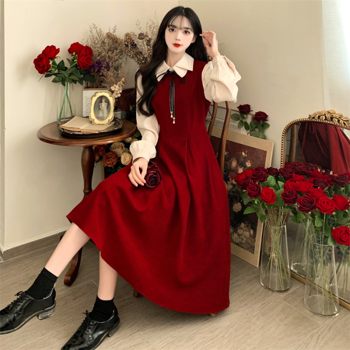 Французский ретро - колледж, двойной воротник, красное платье, осенне - зимнее платье, Хепберн, два вельветовых платья. - красный/S