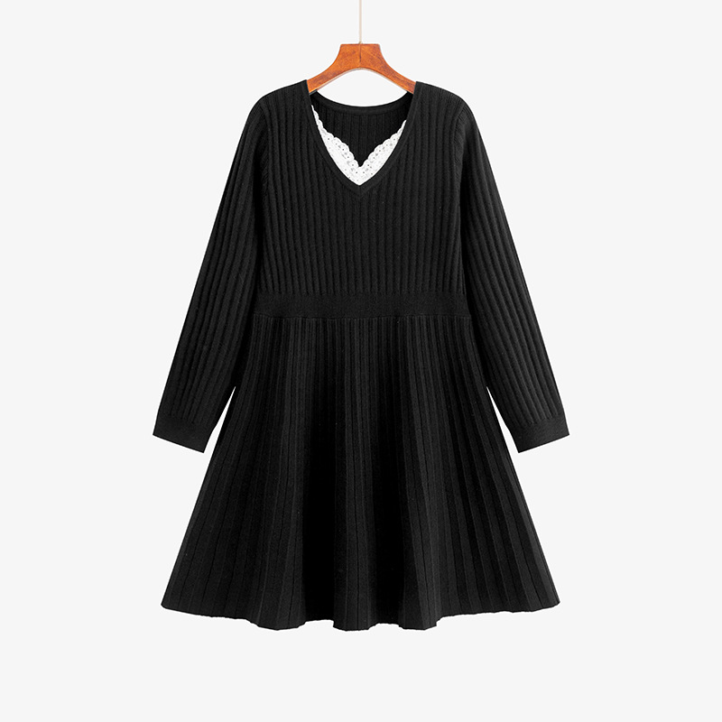 Женская одежда большой размер Соединение V воротник кружево трикотажное платье Женское темпераментное платье 2025 толстый мм шерстяное платье 23325 - чёрный/XL (120 - 150 кг)