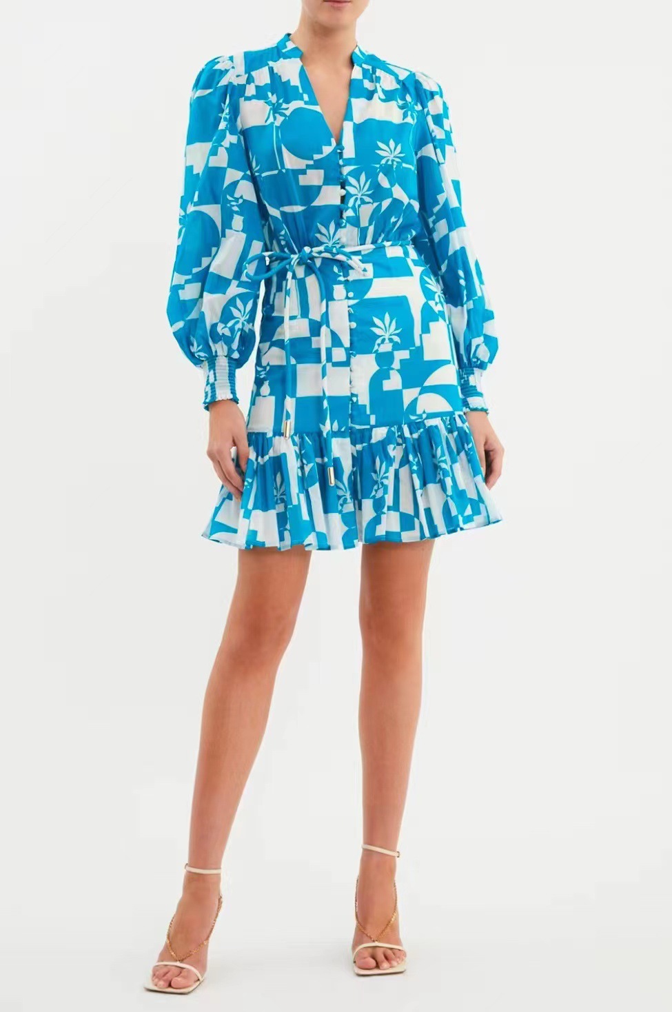 YY Осенний новый V - воротник, пряжка, фонарь, рукава, принт, цветной шнур, убранная талия, короткое платье, женщина - синий/S