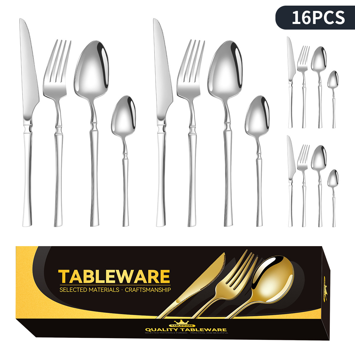 Трансграничные взрывы Маленькая наглая талия Золотая нержавеющая сталь Западная столовая посуда 30 / 24 стейка нож вилка ложка чайная ложка набор - Серебряная талия - 16 шт.