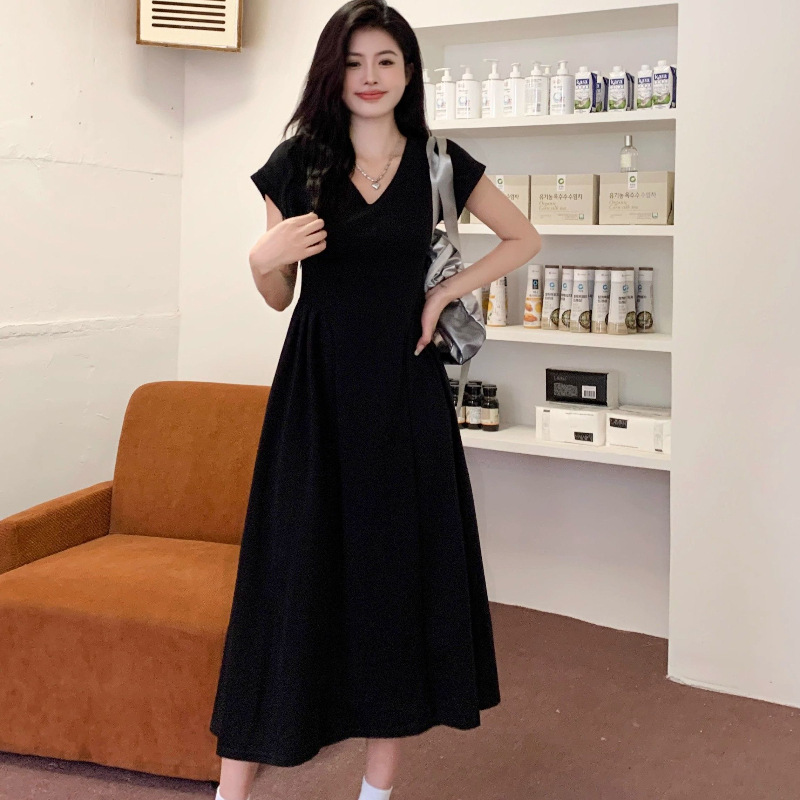 Платье, женское платье, чистый цвет, простой V - образный воротник, длинный темперамент, тонкое платье, длинное платье, мягкое, большое. - чёрный/S