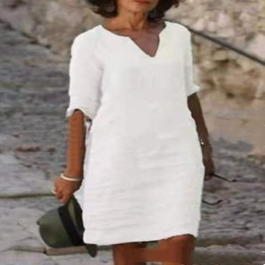 Amazon Europe America Осенний хлопок V - воротник Соединение ретро - чистый цвет Платье с семиминутными рукавами Женская хлопчатобумажная ткань - белый/S