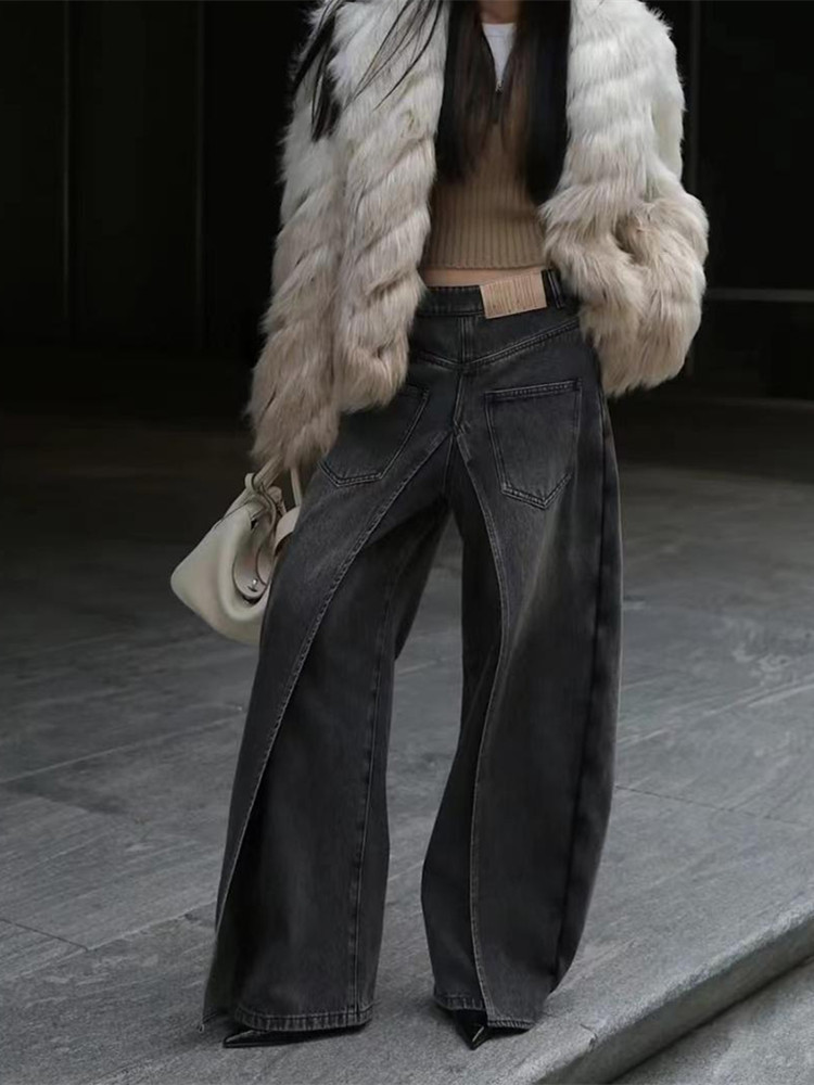 Американский ретро - деконструкция ветер плюс - минус два джинса женщина y2k высокий дизайн - Черный спот/S