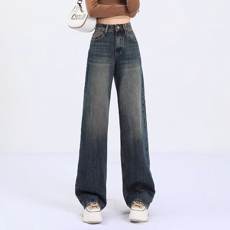 Женские джинсы с высокой талией и широкими ногами 2024 Новый весенний и осенний сезон Маленькие американские брюки - Синий (брюки)/XS