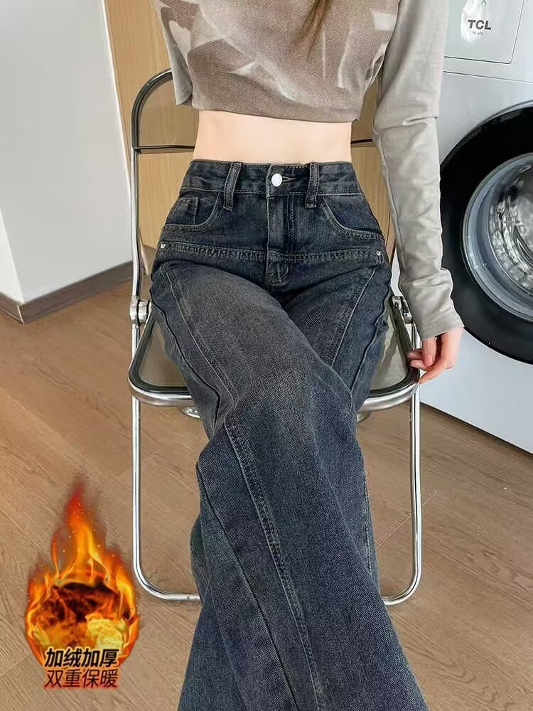 Американские джинсы, маленькие джинсы, женщины 150 с плюшевыми, черными, серыми, широкими ногами, толстые, тонкие, прямые, тапочки. - Серый плюш (N # S613)/XS