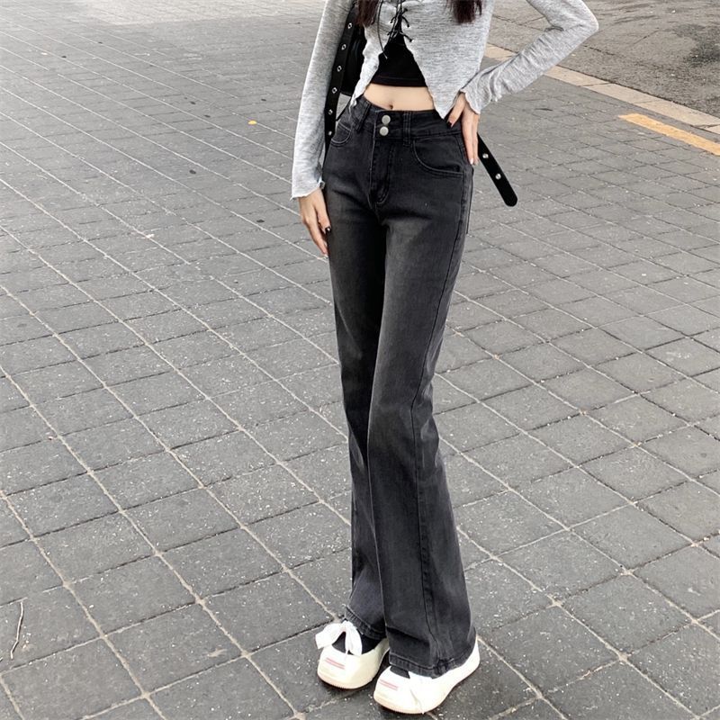 Thick and plush high waisted micro flared jeans for women in autumn and winter, making them look slimmer for those who are short. Micro flared pants with a horseshoe shape - Black gray -9 points recommended below 158CM/XS [Recommended 75-88 pounds]