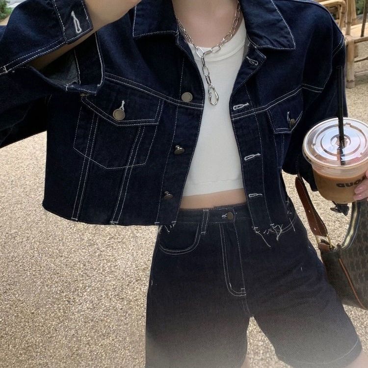 2025 Ковбойские шорты женские блузки средние брюки маленькие модные горячие девушки снаружи - Голубая джинсовая куртка + синие джинсы/S