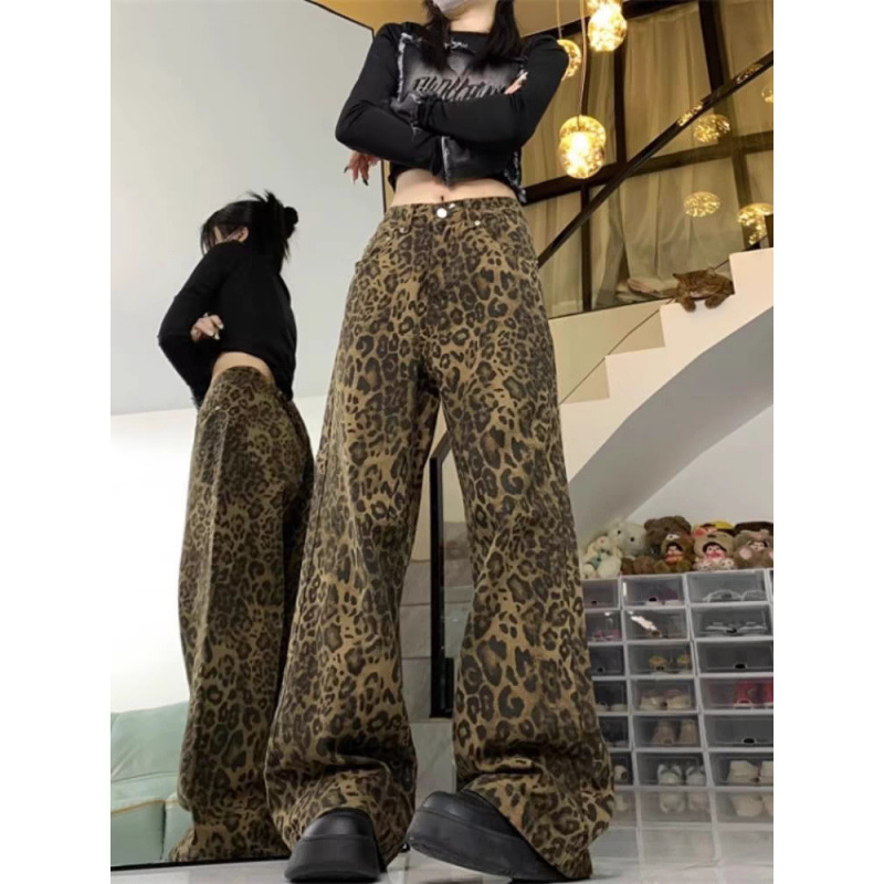 Сто дизайнов, леопардовые джинсы, женщины, американский ретро, Мелард, маленькие люди, свободные, прямые, широкие брюки. - Леопардовые брюки/S
