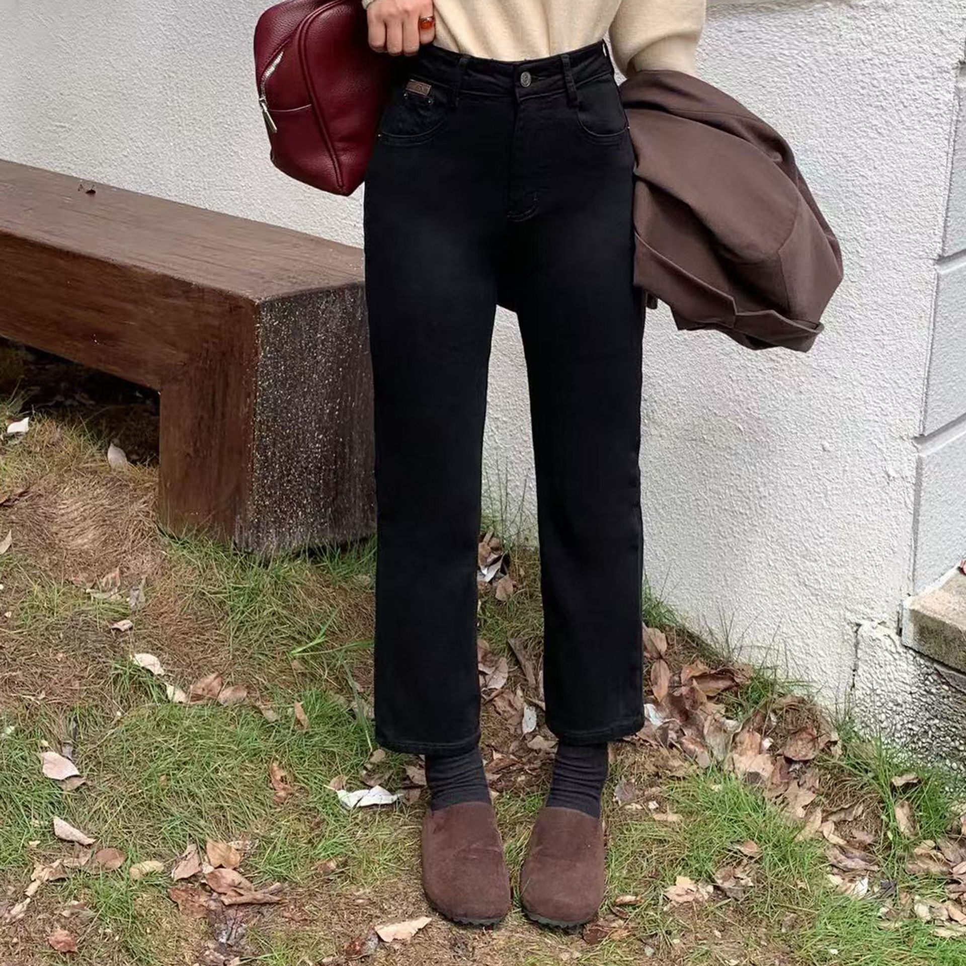 25 Autumn/Winter New Casual Versatile Black Smoke Tube Pants High Waist Nine Cent Thickened Plush Jeans Women's Pants 22695 - black/S