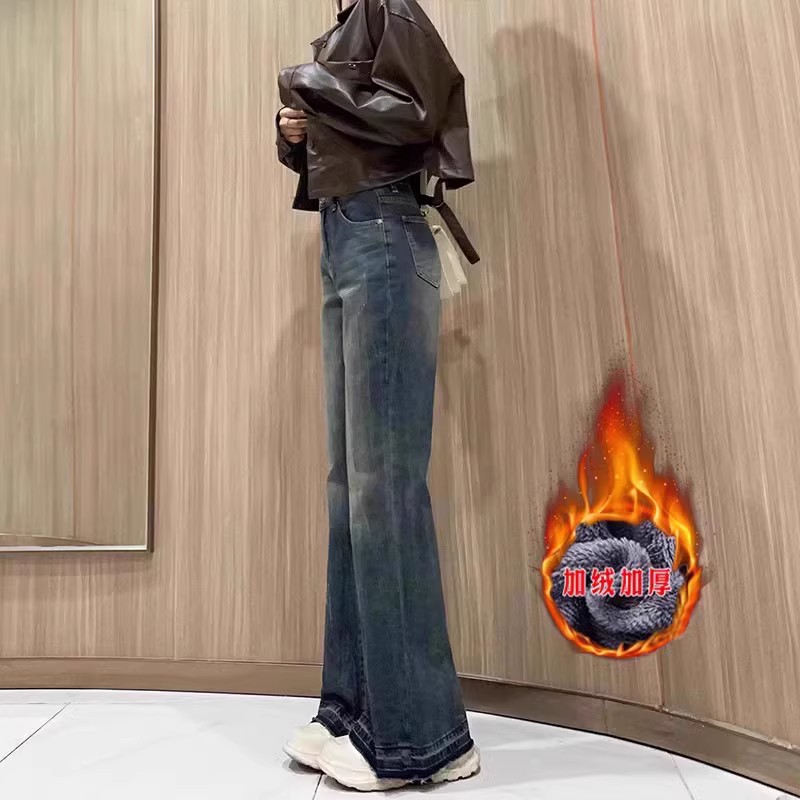 Женские зимние джинсы с плюшевой толщиной, толстые, толстые, мягкие, тонкие брюки с широкими ногами - Ретро - синий./S