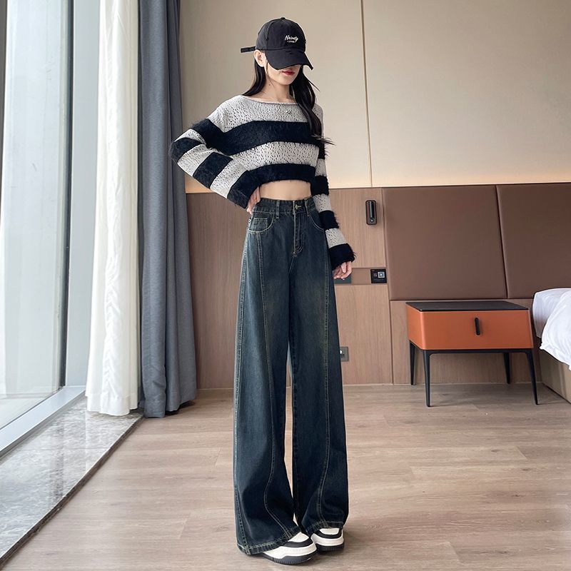 Thick and flannel wide leg jeans for women in autumn and winter 2025, popular pear shaped figure, high waist, narrow version wide leg pants - Retro Blue Nine Points - Single pants recommended 148-158CM or above/Recommended size 25: 75-86 pounds