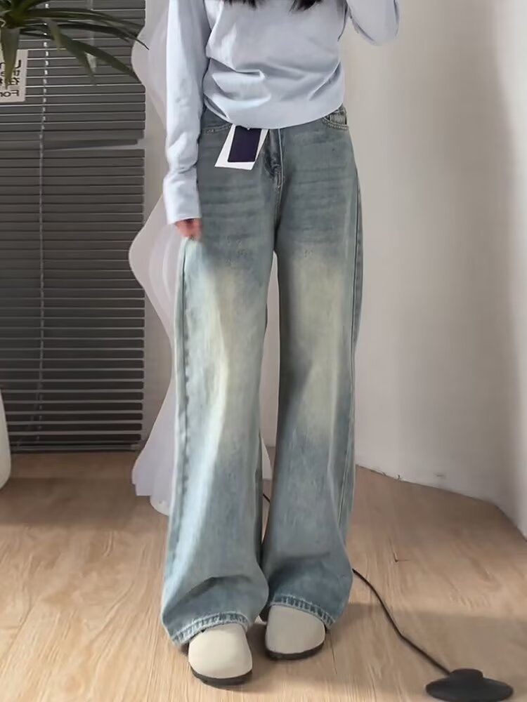 Светлые джинсы с высокой талией и широкими ногами Woman 2025 Новый грушевый рост, большой размер, толстый мм, тонкие, свободные прямые брюки - синий/S
