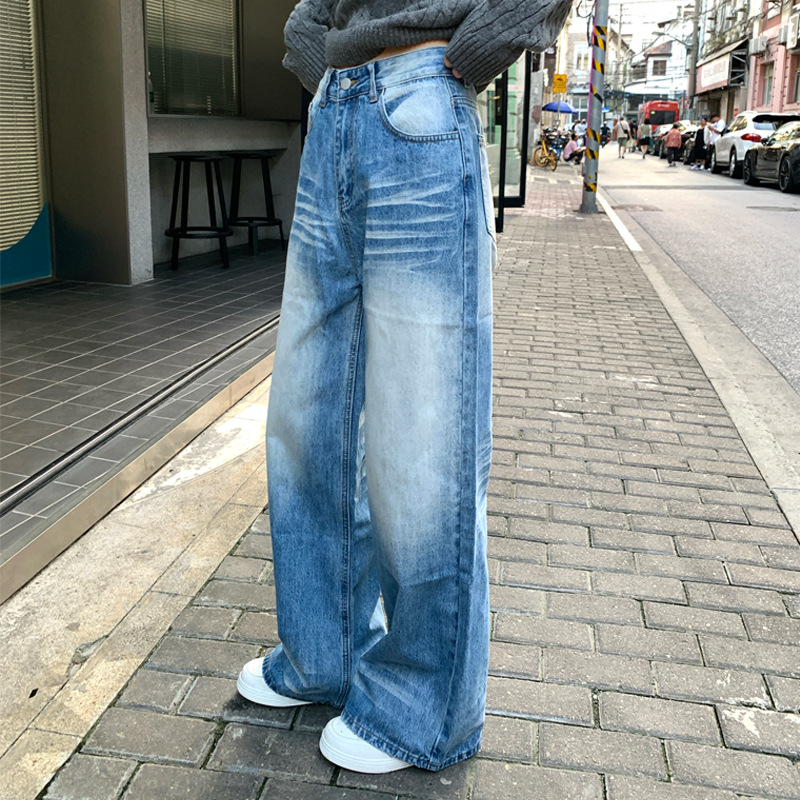 【 Jin Yin 】 Wrinkle retro distressed washed denim jeans for women, loose and slimming, wide leg straight leg pants, floor length pants, long pants - Blue pants/XS