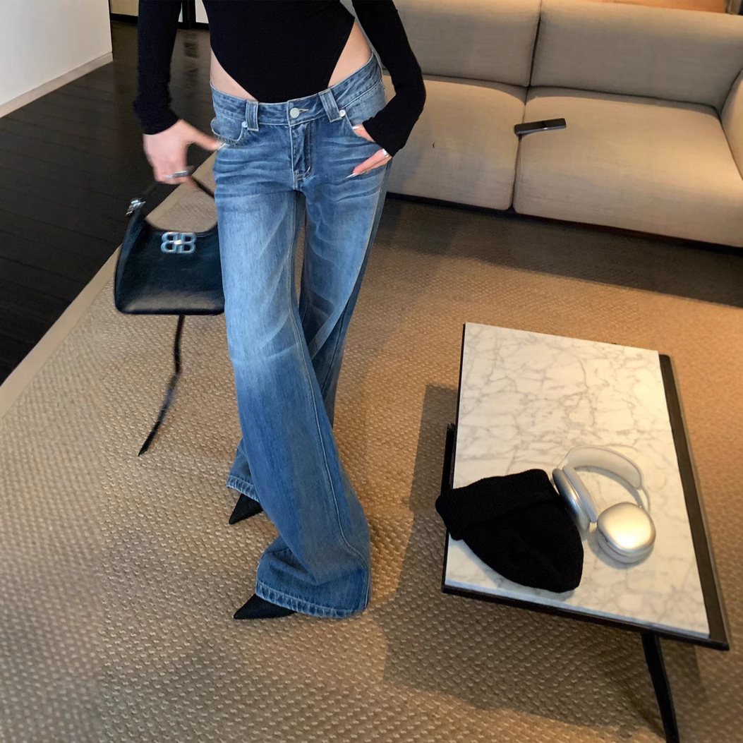 SUNONEOEN American low rise jeans for women in autumn, retro wide leg slimming and slightly flared casual pants, retro style - denim blue/XS