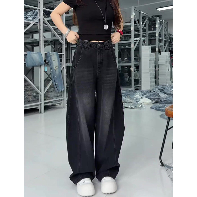2025 new plus size black curved knife jeans for children, chubby and slim, pear shaped figure to wear, high waisted and wide leg pants - black/S