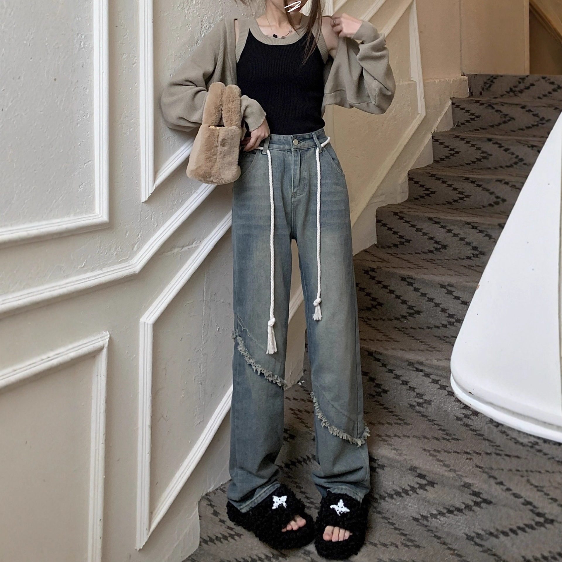 Реальный снимок ~ Ретро - дизайн Чувство толпы высокая талия, шерсть, джинсы, женские высокие улицы, свободные, тонкие, прямые брюки - Ретро - синий/S