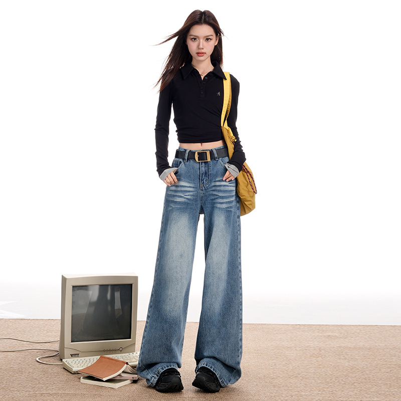 Американские винтажные уличные джинсы для женщин осень 2025 новые широкие ноги высокая талия тонкий дизайн - 661 # Брюки/XS