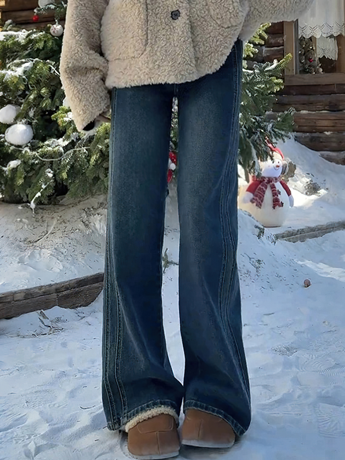 复古蓝阔腿牛仔裤女秋冬加绒胖妹妹mm梨型身材高腰宽松显瘦直筒裤 - 复古蓝/S 建议80—90斤