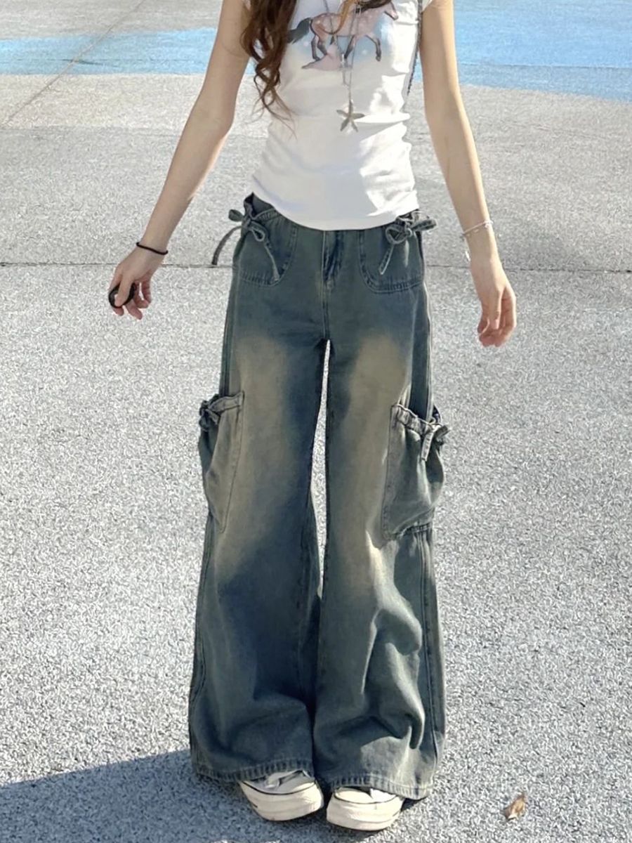 Американские винтажные джинсы с широкими ногами Woman Summer 2025 Новый дизайн костюма с высокой талией, тонкий прямой цилиндр - Синие брюки/XS