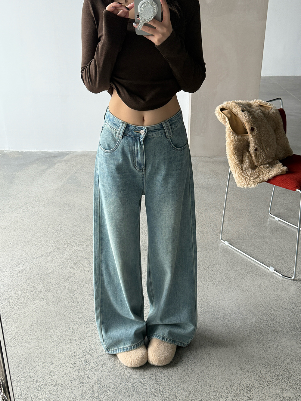 Девятиминутные брюки, маленькие, с пушистым чувством, джинсы, свободные, ленивые, с высокой талией WQ039 - шлифовальная версия/S (рекомендуется 80 - 100 кг)