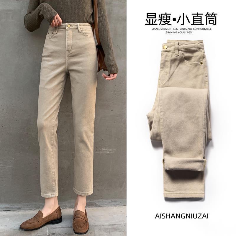 2025 Зима с плюшевыми толстыми шашками цвета хаки брюки с высокой талией джинсы женская тонкая эластичная узкая прямая катушка - Брюки цвета хаки/Двадцать шесть.