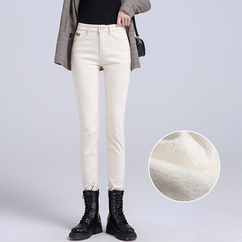 Бежево - белые джинсы с плюшевыми штанами, женские ноги осенью и зимой, высокая талия, тонкие, эластичные, длинные женские брюки, 9 минут карандаш брюки - Абрикос нормальный./26 86 - 96 кг