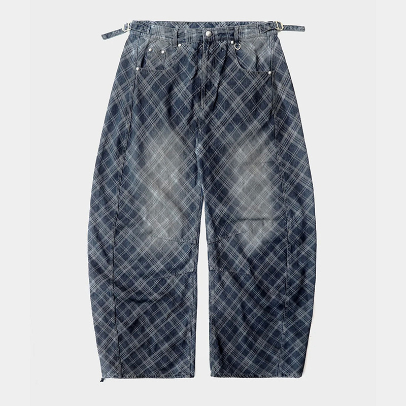 Minju朴敏柱同款badblood bcac系列格纹牛仔裤女休闲宽松阔腿裤子 - 蓝色格纹/XS
