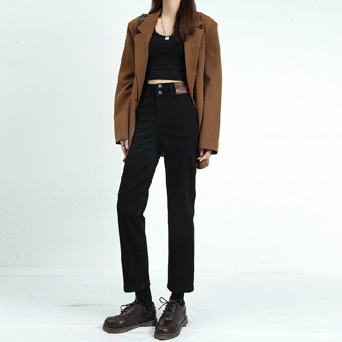 烟管牛仔裤女2025秋冬加绒新款高腰修身显瘦弹力小个子直筒裤长裤 - 黑色八分/XS