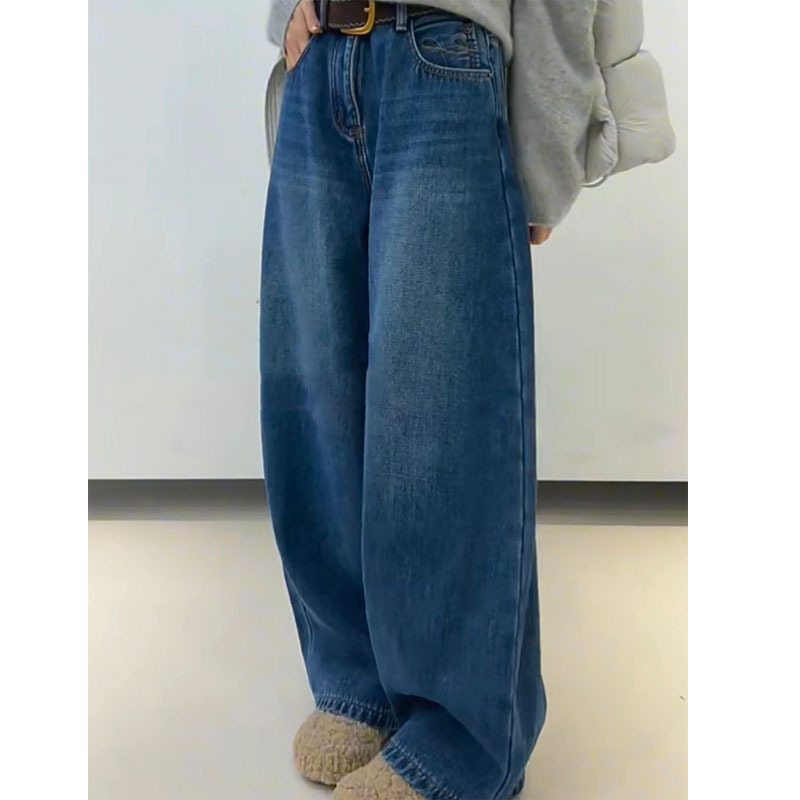 Ретро - брюки с высокой талией, джинсы, женские зимние тапочки, тонкие прямые брюки 2025 - синий/S