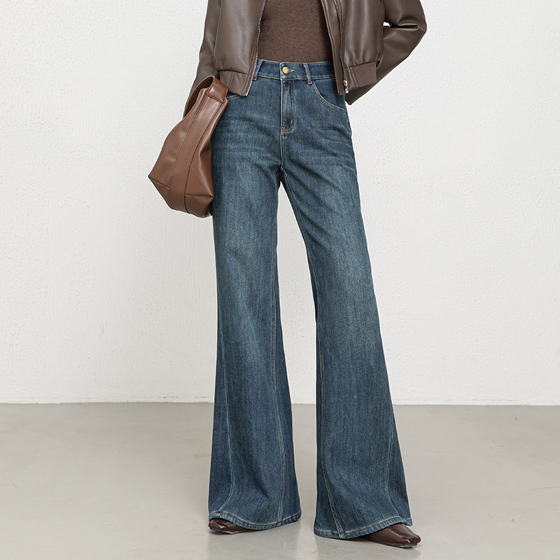 Flower Thousand Petals 2025 Winter Plush Thickened Non Stick Leg Micro Pull Pants Women's Retro High Waist Four sided Elastic Jeans 8119H - Nostalgic Blue/S