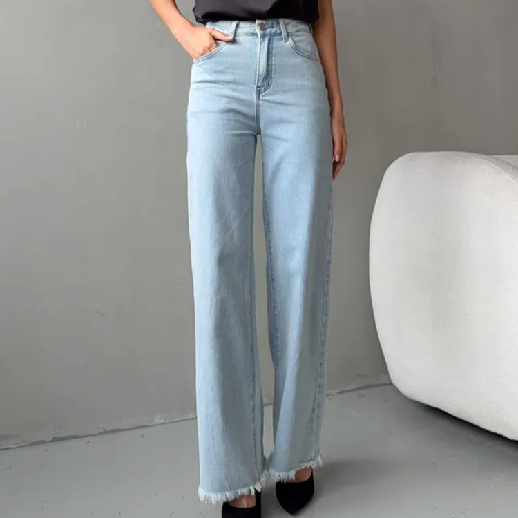 欧美外贸跨境爆款美式阔腿裤复古高腰流苏毛边牛仔裤女装休闲长裤 - 浅蓝色/S