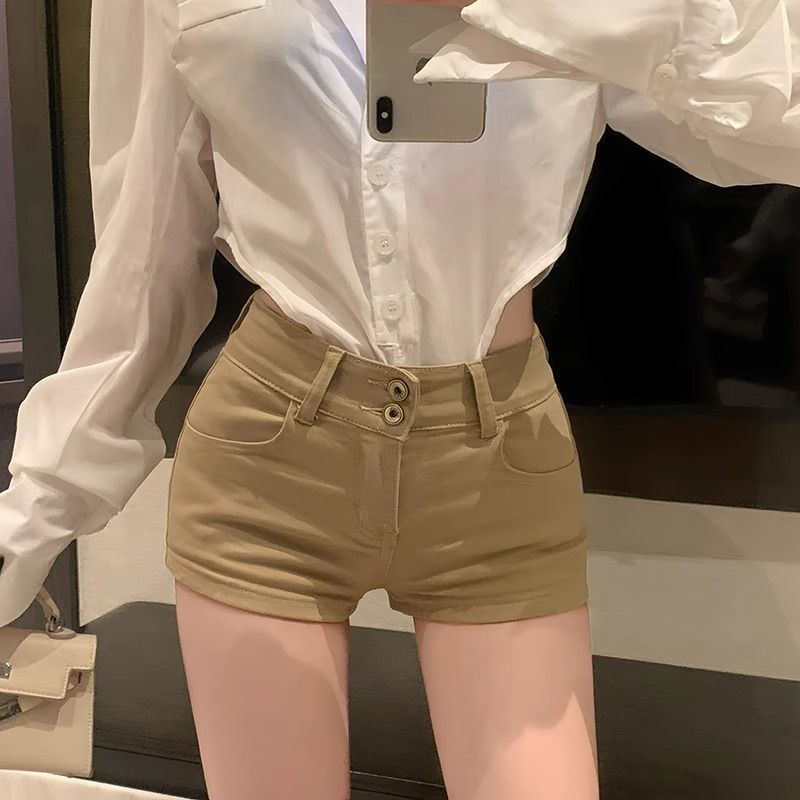 Khaki high waisted and full crotch denim shorts for petite women in spring, slim fit, hot pants for hot girls in summer, hip hugging pants XS - Khaki [full crotch]/XS
