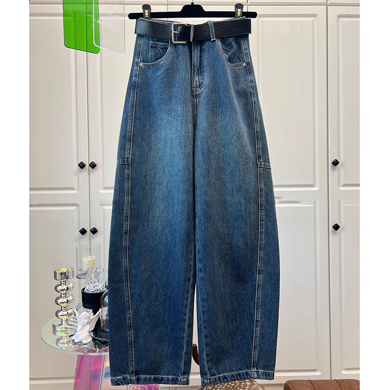 Shenzhen 2025 new Nanyou women's clothing European style retro washed and spliced casual curved knife wide leg jeans for women - Cowboy Blue 5008/S