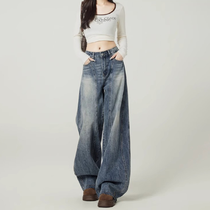 Ретро - синие джинсы с широкими ногами, женские осенние тренды, новые дизайнерские брюки с высоким наклоном, мачете. - Ретро - синий/XS