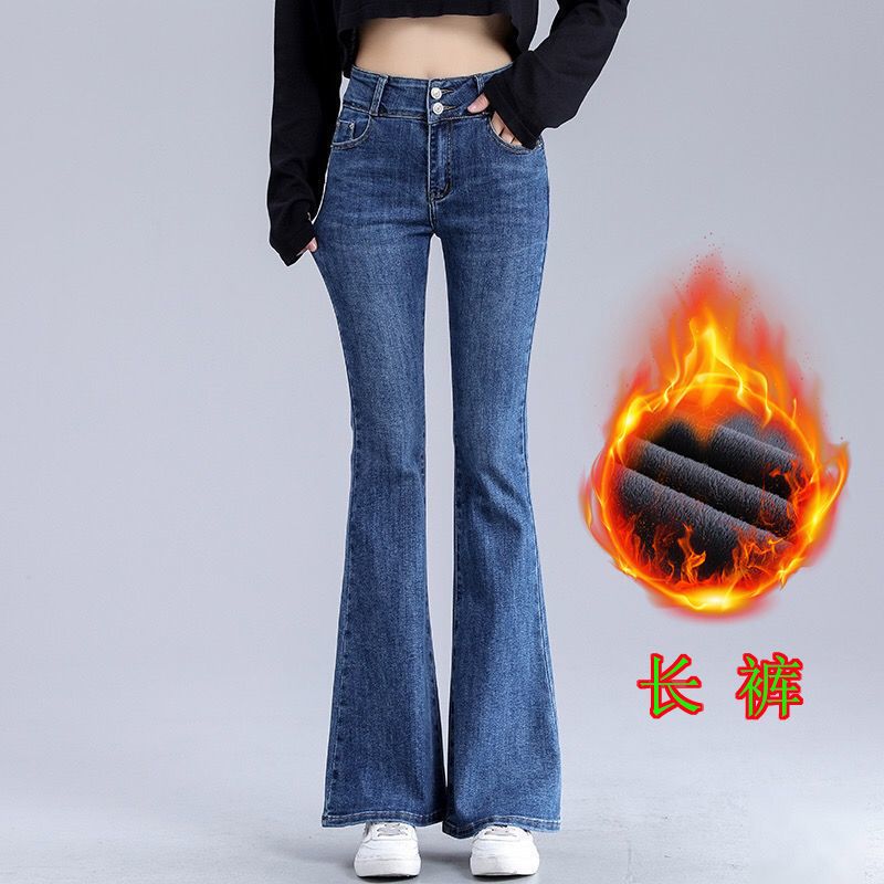 Женские джинсы с высокой талией и плюшевыми брюками Зима 2025 Новый ремонт тонкие брюки модные теплые брюки - Голубые брюки с плюшем/26, 1, 9.