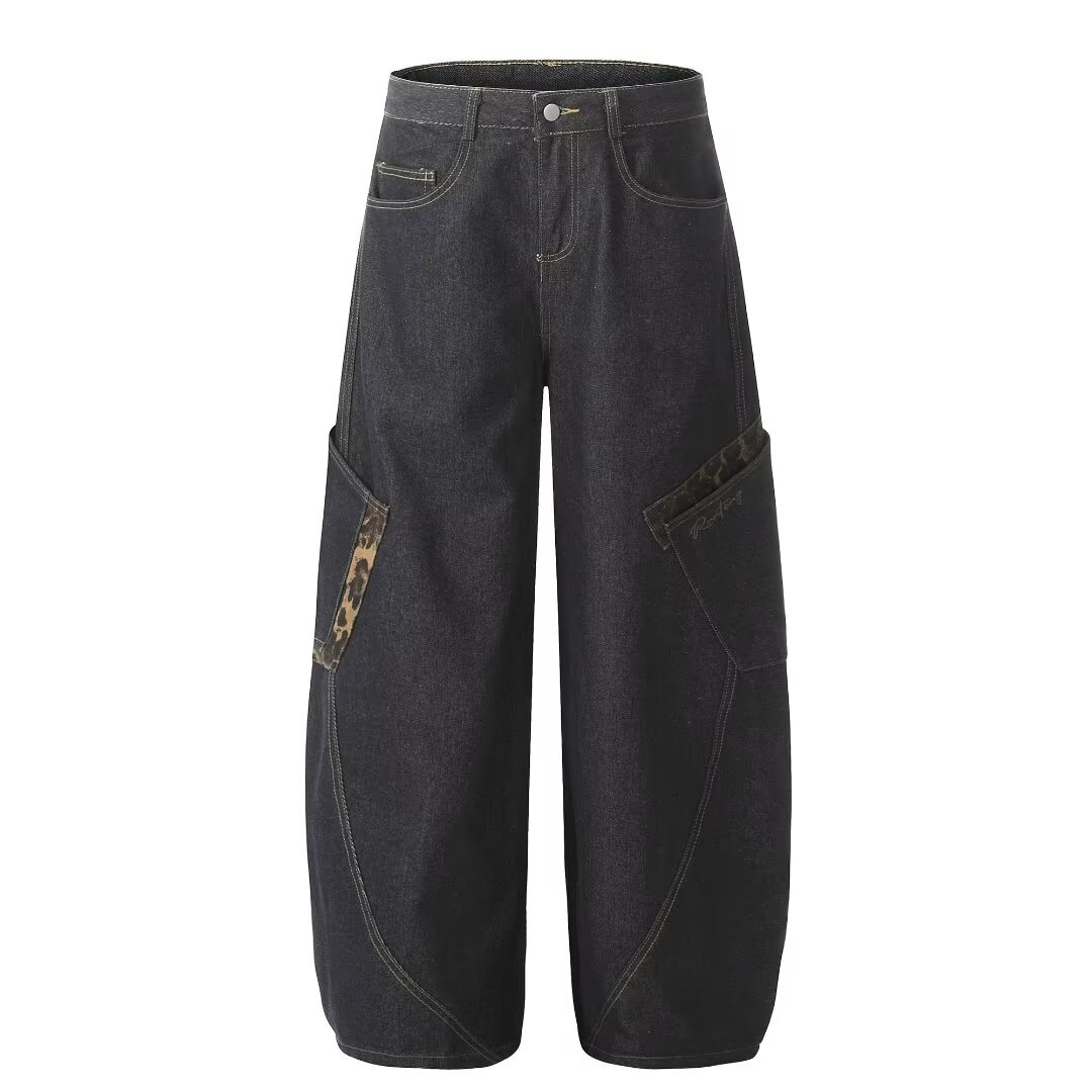 Американские ретро - люди делают старые джинсы с широкими ногами, женские осенне - зимние новые свободные, тонкие леопардовые сшитые брюки с мачете - чёрный/S