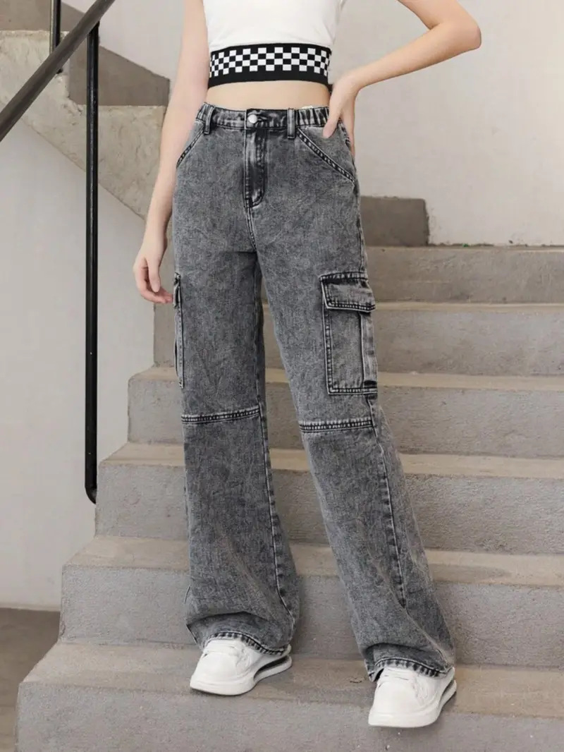 2025 Европа и США Новый тренд 4 сезона Ретро - стрит Женские джинсы с широкими ногами Молодые модные брюки - чёрный/S