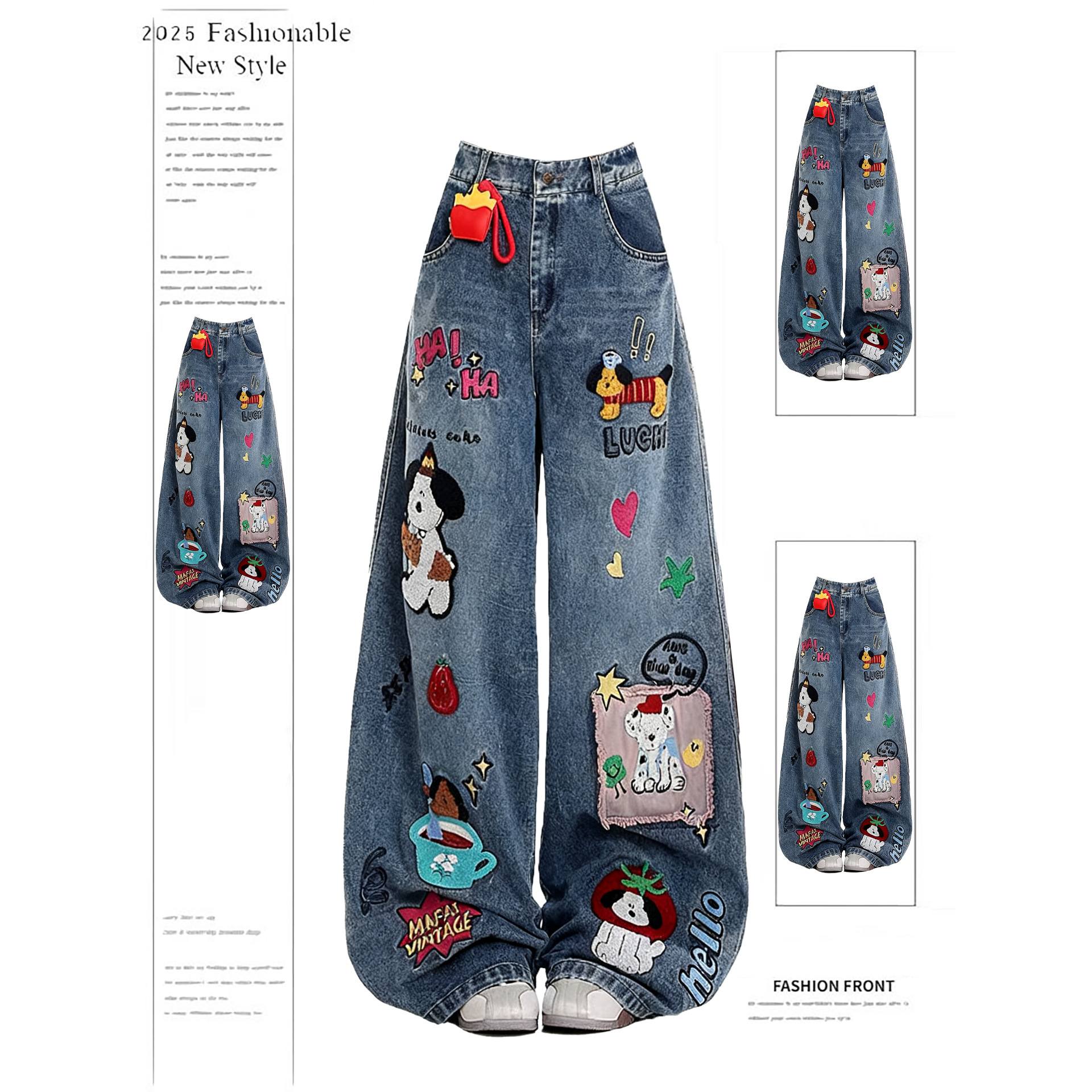 Американские мультфильмы вышитые джинсы Женские брюки Зима 2025 Новые свободные толстые брюки - синий/XS