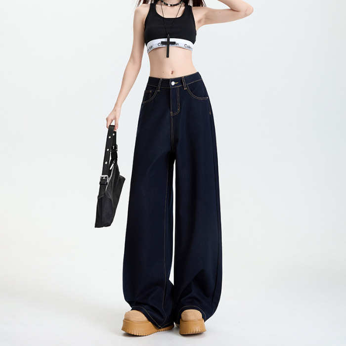 加绒加厚丹宁蓝抗皱阔腿牛仔裤女高腰宽松免烫垂感小个子直筒长裤 - 原色九分/XS