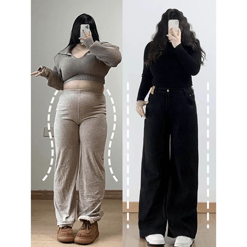 Large pear shaped figure pants for women in autumn, high waist, loose fit, slimming straight leg pants, fat mm, black wide leg jeans for women - Black Pants [AMS Genuine]/S size [85-100 pounds]