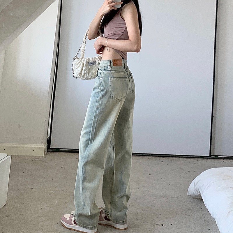 Американский ретро - Хай - стрит, желтая грязь, узкая версия, джинсы с широкими ногами, женские осенние светлые, свободные, прямые цилиндры, высокая талия, тощая и свисающая. - Желто - глиняно - синие брюки/Рекомендуется менее 84 кг.