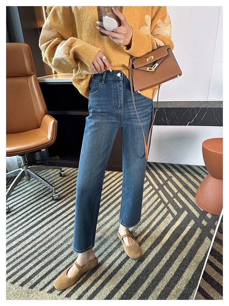 Зимой с плюшевыми прямыми ногами, маленькие трусики с девятью баллами, брюки с высокой талией, узкие штаны, ковбойские штаны. - Синие весенние брюки/S