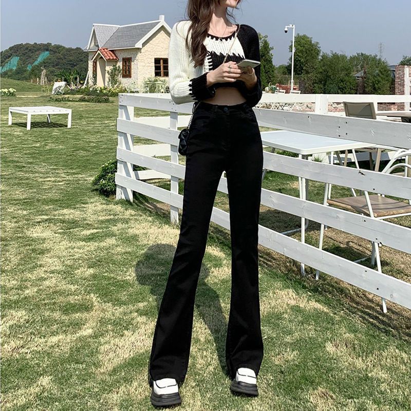 Брюки с плюшевыми джинсами дама подкова брюки осенняя зима 2024 новые высокие талии эластичные ноги черные тонкие - Чёрные брюки/XS【70-85】