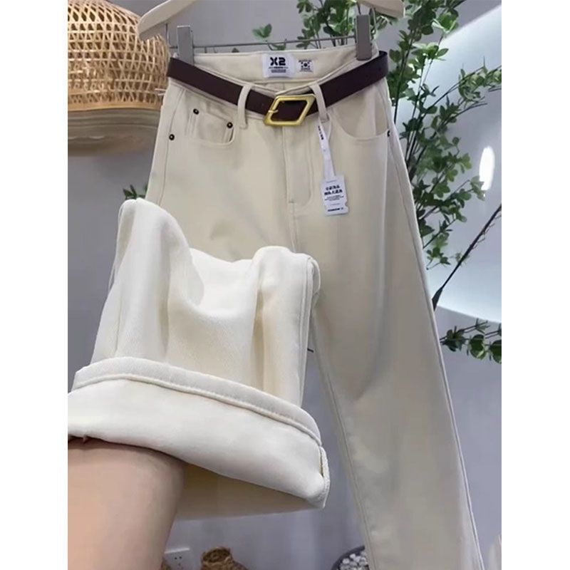 Women's straight leg loose fitting 2025 autumn and winter new slim fit jeans with added velvet and thick thickness, showing a slim and slim figure with wide legs - White single item in stock/S recommends 80-95 pounds