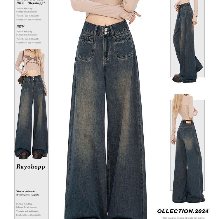 Американские винтажные джинсы Женщины Осень 2025 Зима с плюшевым толстым поясом Высокая талия Тонкий размер, свободные брюки - Ретро - синий (XX)/S