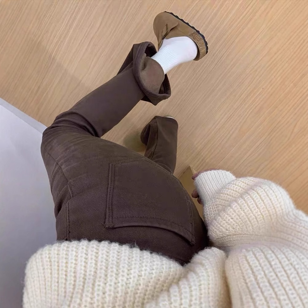 Женские джинсы осень - зима новые американские брюки с высокой талией - Кофе тонкий/S