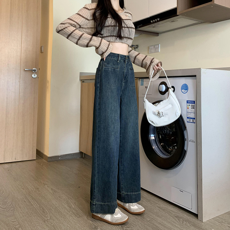 Темно - синие джинсы Женские брюки с широкими ногами Весна - осень 2025 Новый высокий пояс, свободный, тонкий, прямые брюки - Темно - синий (премиальная версия)/S