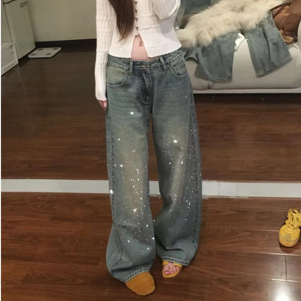 满天星烫钻重工牛仔裤女秋季新款设计感宽松直筒阔腿裤长裤A9150 - 加绒-加长黄泥色/S背面无烫钻（体重参考90-100）