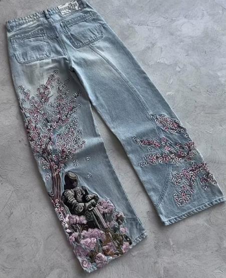 Европа и США Трансграничная ретро - тяжелая промышленность Цветы вышивка широкая нога джинсы мужчины и женщины высокие улицы мода уличные брюки - Синий спот/S