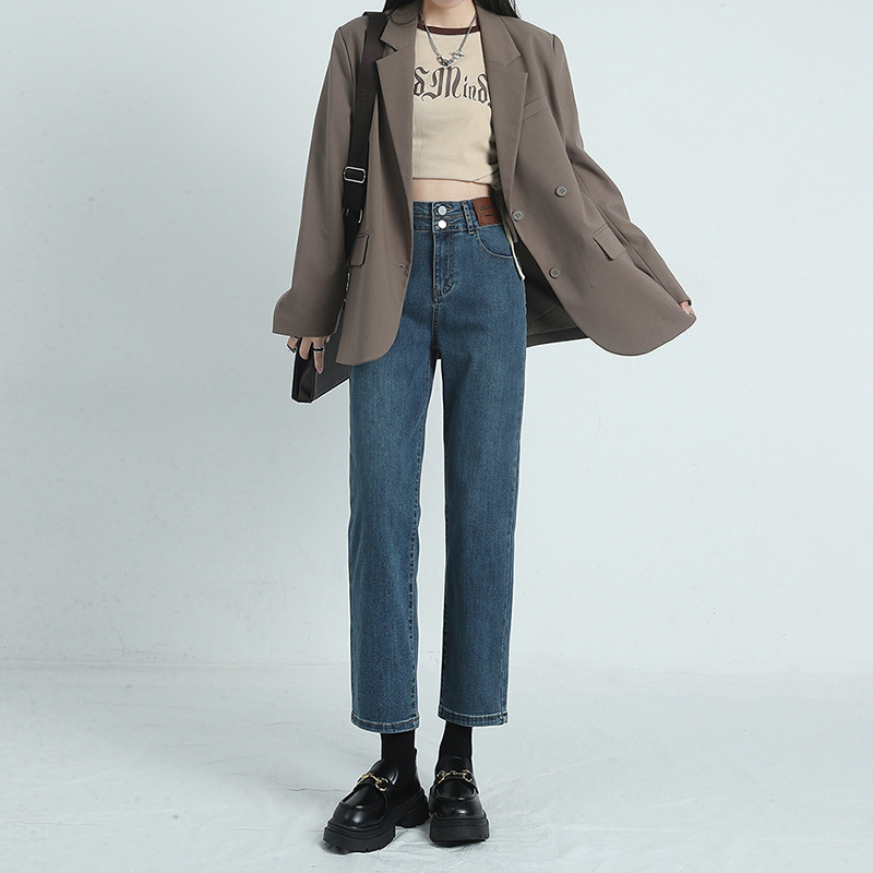 Миньхай 8: 9 25 Осень и зима с плюшевыми джинсами маленькая женщина с высокой талией дымовая труба прямые брюки с длинными ногами - Ретро - синий 8 мин./XS